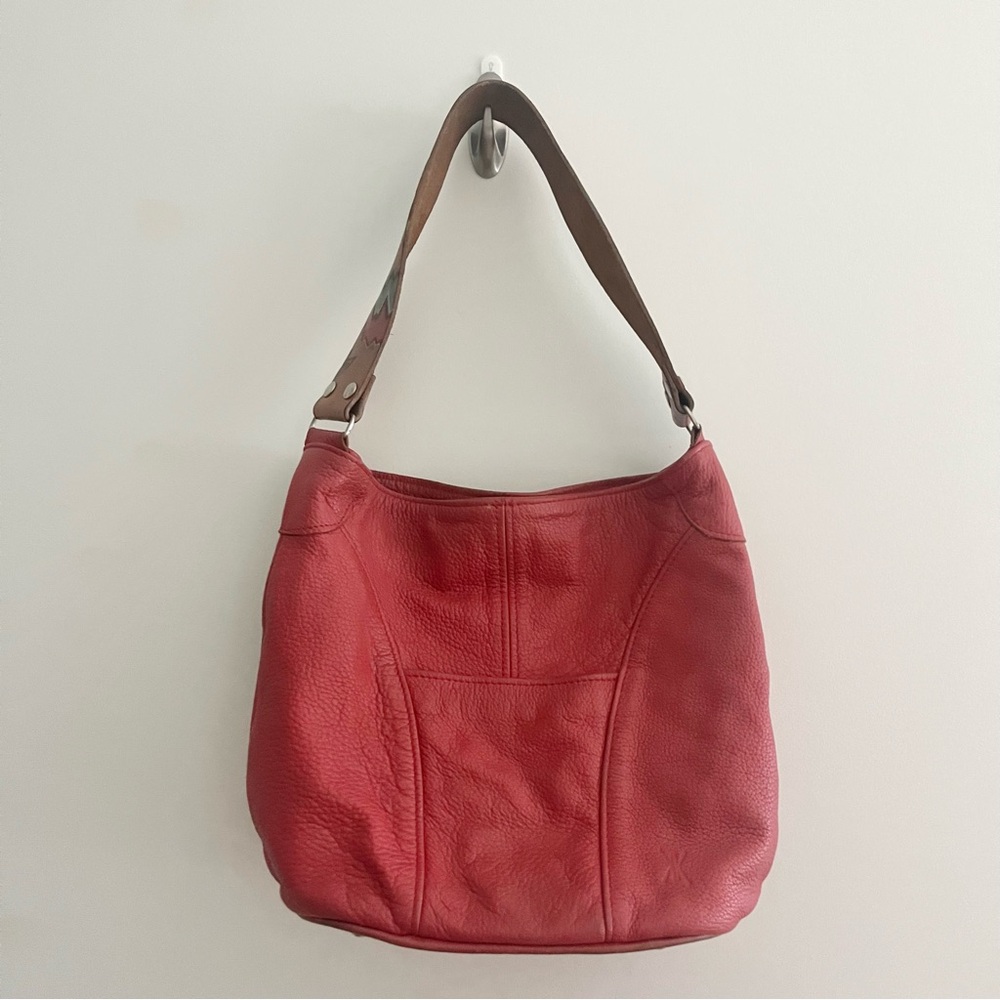 714 KK Hobo Leather Purse w Chevron Pattern Strap Salmon Red Coral Medium